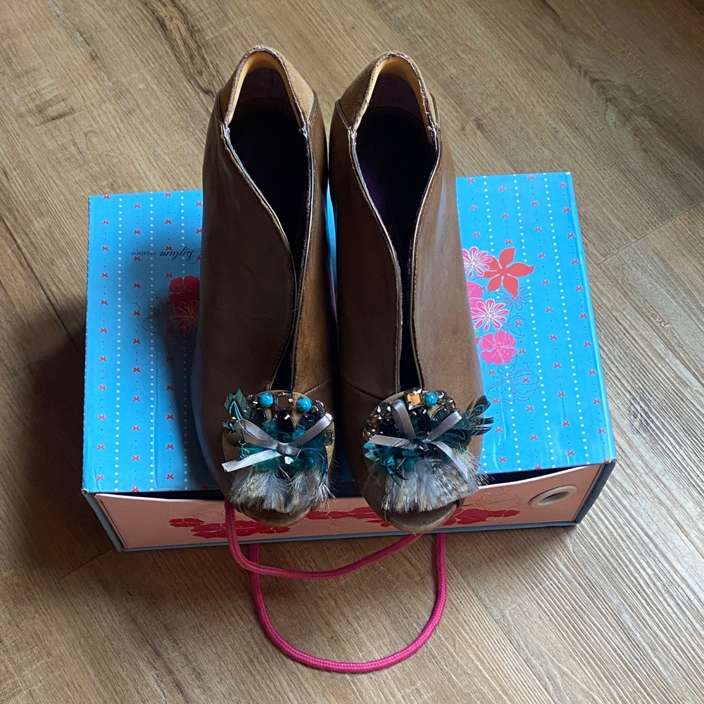 Poetic License Brown Heels with Blue Embellishments